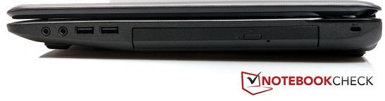 Rechte Seite: 2x Audio (Kopfhörer und Mikrofon), 2x USB 2.0, optisches Laufwerk, Kensington Lock