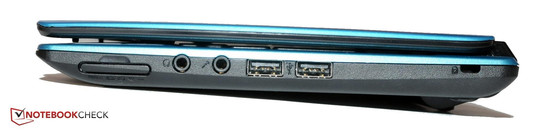 rechte Seite: Speicherkartenleser, LineOut, LineIn, 2x USB 2.0, Kensington Lock