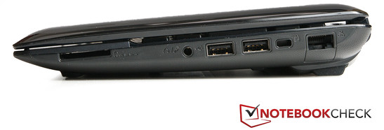 Rechte Seite: Kartenleser, Audio, 2x USB 2.0, Kensington Lock, RJ45 (LAN)