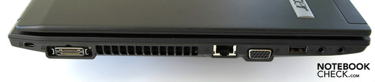 Linke Seite: Kensington Security Slot, Dockingport, Lüfter, RJ45 (LAN), VGA, USB-2.0, Mikrofon, Kopfhörer