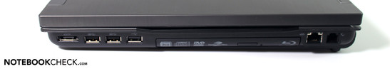 Rechte Seite: USB/eSATA, 2x USB 3.0, USB 2.0, Blu-Ray laufwerk, LAN, Modem