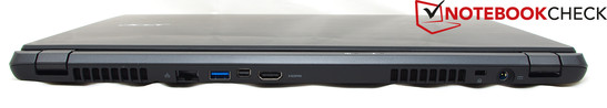 Der Großteil der Anschlüsse befindet sich auf der Rückseite. rechts nach links: Gigabit-Lan, USB 3.0, Lightning Port, HDMI, Kensington Anschluss und Stromanschluss.