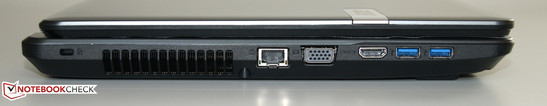 Rechts: Kensington Lock, Ethernet, VGA, HDMI, 2 x USB 3.0