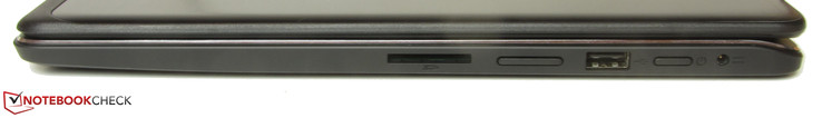 rechte Seite: Speicherkartenleser, Lautstärkewippe, USB 2.0, Power Button, Netzanschluss