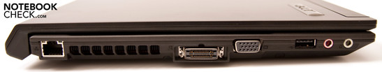 Linke Seite: 1x USB 2.0, Audioanschlüsse (Kopfhörerausgang, Mikrofoneingang, VGA, Acer EasyPort IV, RJ-45 Netzwerkanschluss (Gigabit LAN)