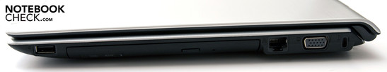 Rechte Seite: 1 USB, VGA, RJ-45, Kensington Lock, DVD-Laufwerk