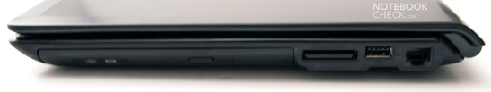 Rechte Seite: 1 USB, RJ-45, Kartenleser, Laufwerk