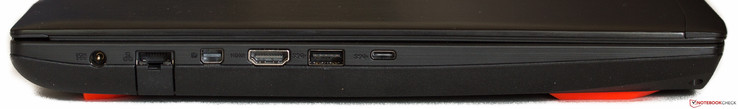 linke Seite: Strom, Ethernet (ausklappbar), DisplayPort, HDMI 2.0, USB 3.0, USB 3.1 Gen2 Typ C