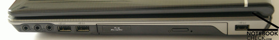 Rechte Seite: Mikro, Kopfhörer, S/PDIF, 2xUSB 2.0, BluRay Laufwerk, USB 2.0