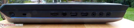 Linke Seite: Power, Kensington, HDMI In/Out, Mini-DisplayPort, USB 3.0, 3x Audio