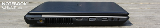 Linke Seite: Kensington, Netzanschluss, HDMI, VGA, USB 2.0, Audio in/out