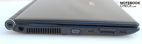 Linke Seite: Kensington Lock, LAN, Lüfter, VGA, HDMI, ExpressCard/34, 8-in-1 Kartenleser, USB-2.0 Linke Seite: Kensington Lock, LAN, Lüfter, VGA, HDMI, ExpressCard/34, 8-in-1 Kartenleser, USB-2.0