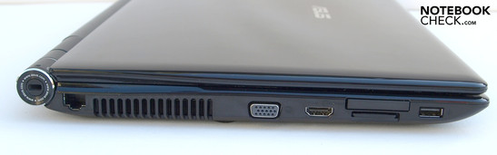 Linke Seite: Kensington Lock, LAN, Lüfter, VGA, HDMI, ExpressCard/34, 8-in-1 Kartenleser, USB-2.0