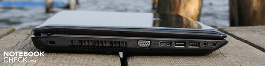 Linke Seite: Kensington, VGA, HDMI, 2 x USB, Audio