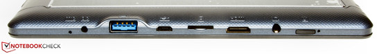 linke Seite: Mikrofon, Netzanschluss, USB 3.0, MicroUSB 2.0, Speicherkartenleser (MicroSD), Audiokombo, Powerbutton