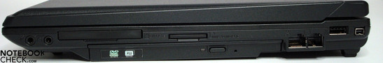 rechte Seite, v.l.n.r.: Audio, ExpressCard/54, Lightscribe-DVD, Cardreader, LAN, Modem, USB, Firewire