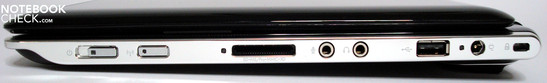 Rechte Seite: An/Aus Schnappschalter, Bluetooth und W-LAN Schalter, Cardreader, Audio, USB, Netzanschluß, Kensington-Lock