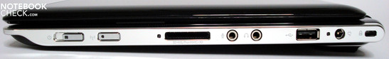 Rechte Seite: An/Aus Schnappschalter, Bluetooth und W-LAN Schalter, Cardreader, Audio, USB, Netzanschluß, Kensington-Lock Rechte Seite: An/Aus Schnappschalter, Bluetooth und W-LAN Schalter, Cardreader, Audio, USB, Netzanschluß, Kensington-Lock