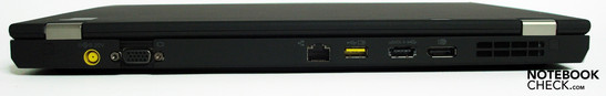 Rückseite: Netzanschluß, VGA, Netzwerk, stromführender USB-Anschluß,  USB/eSata Kombo, Displayport