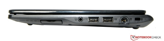 Rechte Seite: Card Reader, LineIn/Out, 2x USB 2.0, Netzteil, Kensington Lock