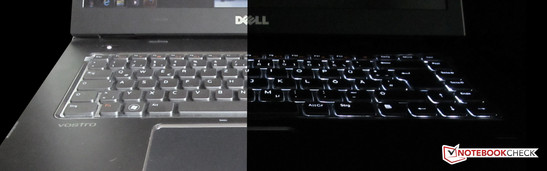 Eines der Highlight beim Dell Vostro 3555, die hintergrundbeleuchtete Tastatur (rechts mit Licht, links ohne)