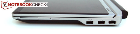 Rechte Seite: ExpressCard/34, WiFi-Hauptschalter, 2x USB-3,0, HDMI