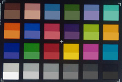 Amazon Fire HD 8: ColorChecker-Farben abfotografiert. In der unteren Hälfte jedes Patches haben wir die Originalfarben abgebildet.
