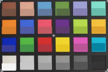 ColorChecker Farben abfotografiert. In der unteren Hälfte jedes Patches ist jeweils die Originalfarbe abgebildet.