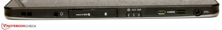 linke Seite: Audiokombo, MicroSD, SIM-Schlitz, MicroHDMI, Netzanschluss