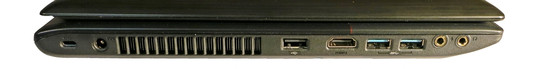 von links: Kensington Key, Netzanschluss, USB 2.0, HDMI, 2x USB 3.0, 2x 3,5-mm-Anschlüsse