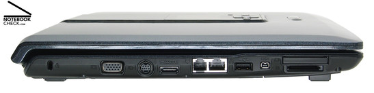 One C8510 linke Seite: Kensington Lock, VGA, S-Video Out, HDMI, Modem, Gigabit-LAN, 1x USB-2.0, Firewire, Kartenleser, ExpressCard