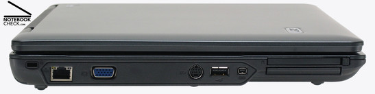 Extensa 5220 linke Seite: Kensington Lock, Gigabit-LAN, VGA, S-Video, 1x USB-2.0, Firewire, ExpressCard/54, PC-Card