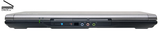 Acer TravelMate 6592G Vorderseite: Ein-Aus-Anzeige, Akku-Anzeige, Bluetooth-Schalter, WLAN-Schalter, Infrarot, Line-In, Mikrofon, Kopfhörer