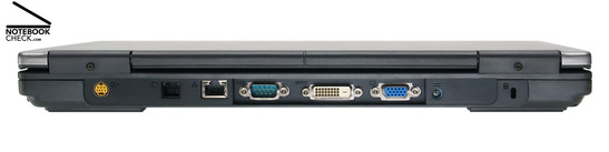 Acer TravelMate 6592G Rückseite: S-Video Out, Modem, Gigabit-LAN, Seriell, DVI-D, VGA, Netzanschluss, Kensington Lock