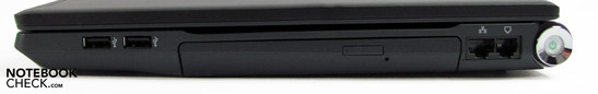 Rechte Seite: 2x USB, DVD-Brenner, LAN, Modem, Netzschalter