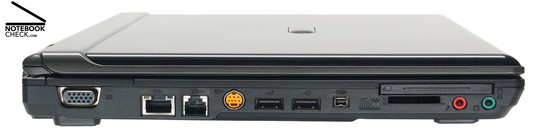 Zepto Znote 3414W linke Seite: VGA, Gigabit-LAN, Modem, S-Video Out, 2x USB-2.0, Firewire, ExpressCard/54, 3-in-1-Kartenleser, Mikrofon, Kopfhörer