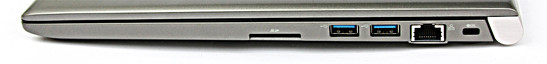 rechts: SD-Slot, 2x USB 3.0, LAN, Kensington Lock
