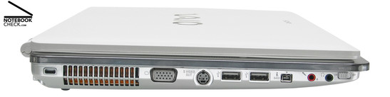 Sony Vaio VGN-CR31S/W linke Seite: Kensington Lock, Belüftungsöffnung, VGA, S-Video-Out, 2x USB-2.0, i.LINK (IEEE1394, Firewire) S400-Anschluss, Mikrofon, Kopfhörer, Schalter für Wireless LAN-/Bluetooth-Funktion