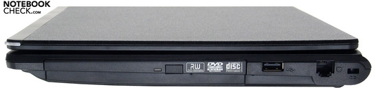 Notebookcheck.com | HawkForce Mobile.ForceM13.S1 rechte Seite: DVD-Brenner, 1x USB-2.0, Modem, Kensington Lock