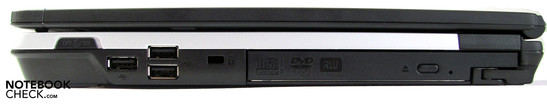Rechte Seite: W-LAN Schalter, 3x USB 2.0, DVD-Laufwerk im Wechselschacht