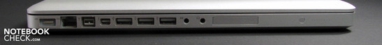 Linke Seite: Netz, LAN, FW800, Thunderbolt/ Displayport, 3x USB 2.0, Audio in/out, ExpressCard/34, Batterie Tester Linke Seite: Netz, LAN, FW800, Thunderbolt/ Displayport, 3x USB 2.0, Audio in/out, ExpressCard/34, Batterie Tester