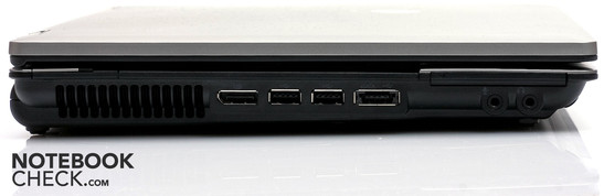 Linke Seite: DisplayPort, 2x USB 2.0, 1x USB/e-SATA, ExpressCard, Audioanschlüsse