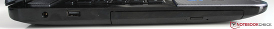 Linke Seite: Netzstecker, USB 2.0, DVD-Brenner