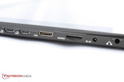 2 micro-USB-Anschlüsse finden sich hier ebenso wie micro-HDMI, Audioausgang und micro-SD-Card-Reader und Netzanschluss.