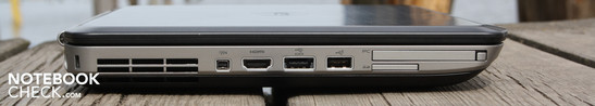 Linke Seite: FireWire, HDMI, eSATA/USB 2.0, USB 2.0, PC-Card (PCMCIA), Kartenleser Linke Seite: FireWire, HDMI, eSATA/USB 2.0, USB 2.0, PC-Card (PCMCIA), Kartenleser