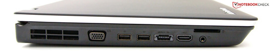linke Seite: VGA, 2x USB 2.0, eSATA/USB 2.0, HDMI, Audio, Kartenleser