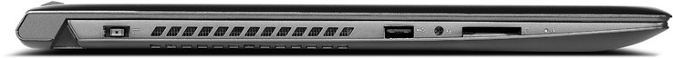 Linke Seite: Netzanschluss, USB 2.0, Audiokombo, Speicherkartenleser