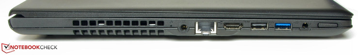 linke Seite: Netzanschluss, Ethernet-Steckplatz, HDMI, USB 2.0, USB 3.0, Audio-Kombo, Power Button