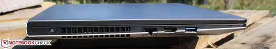 Linke Seite: Recovery-Button, RJ45 (10/100 MBit), HDMI, USB 3.0
