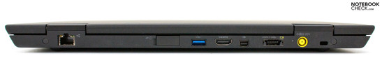 Rückseite: RJ-45, UMTS, USB 3.0, HDMI, Mini-DisplayPort, eSATA / USB 2.0, Strom, Kensington Lock